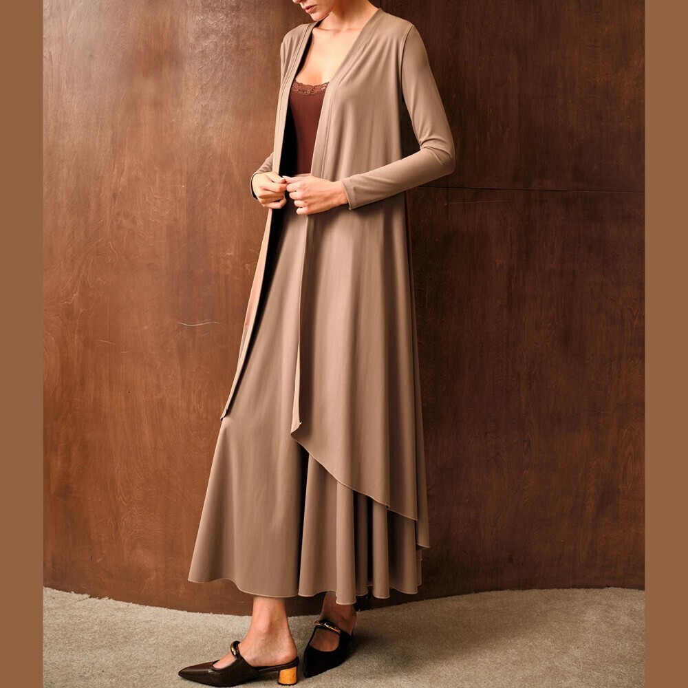 Tan Open Front Long Sleeve Draped Hem Duster Cardigan